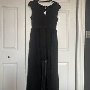 Elegant Black Cap Sleeve Dress with overlay